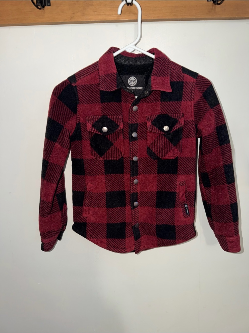Weatherproof Burgundy and Black Plaid Fleece-Lined Shacket